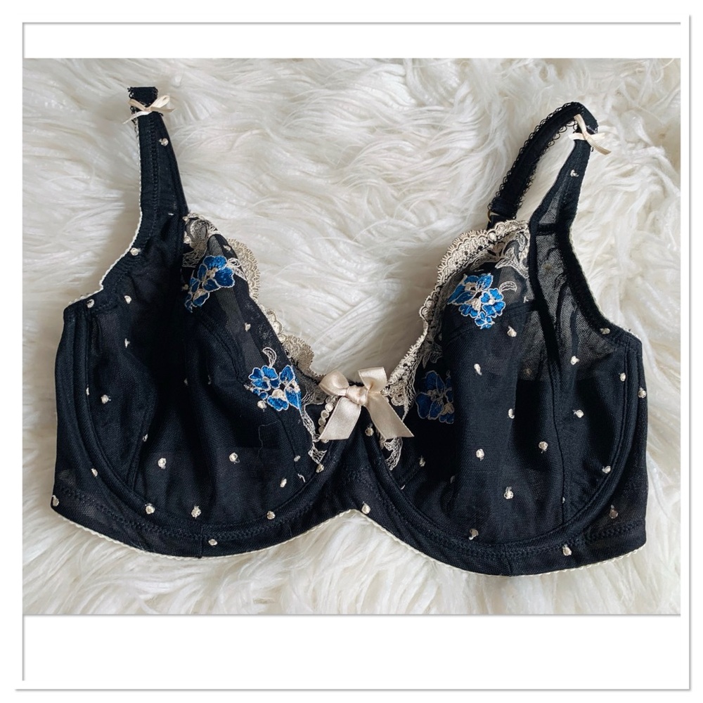 Fayreform Society Underwire Cup Embroidered Bra Black Blue Size 32E